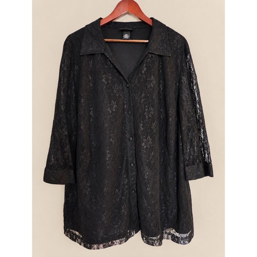 MAGGIE BARNES Womens Plus 2XL Tunic Blouse Lace Overlay Lined 3/4 Sleeve Buttons